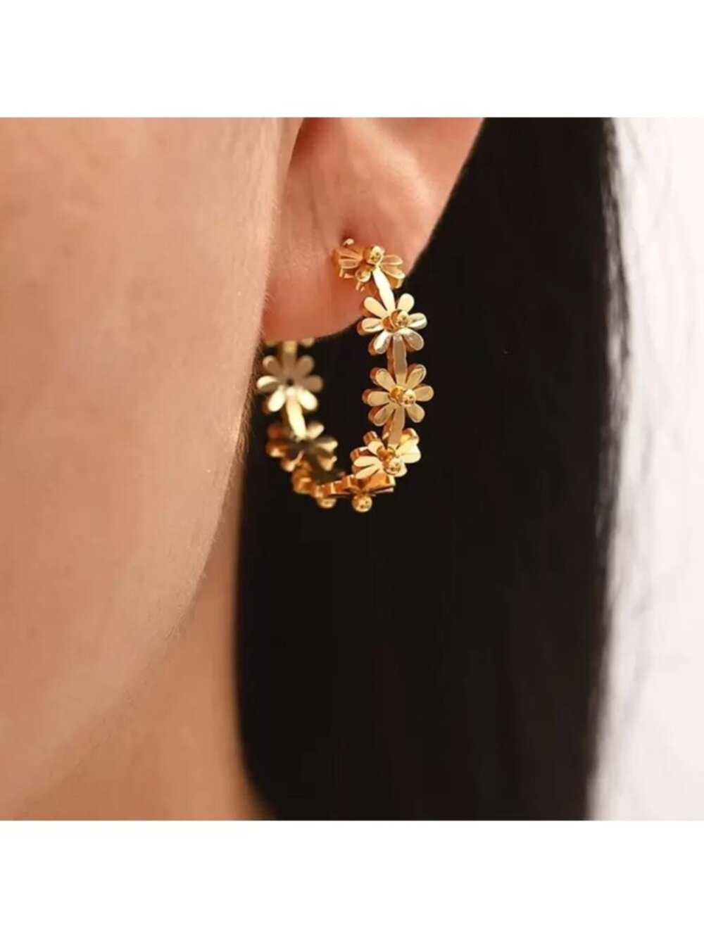 Gold Plated Stainless Steel Daisy Hoop Earrings